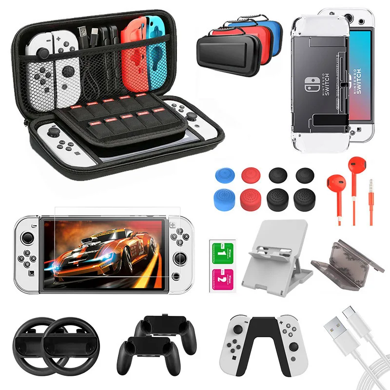 

Gaming Accessories Set PC Protector Case for Nintendo Switch OLED Model Tempered Glass Screen Joystick Cap Console Play Stand