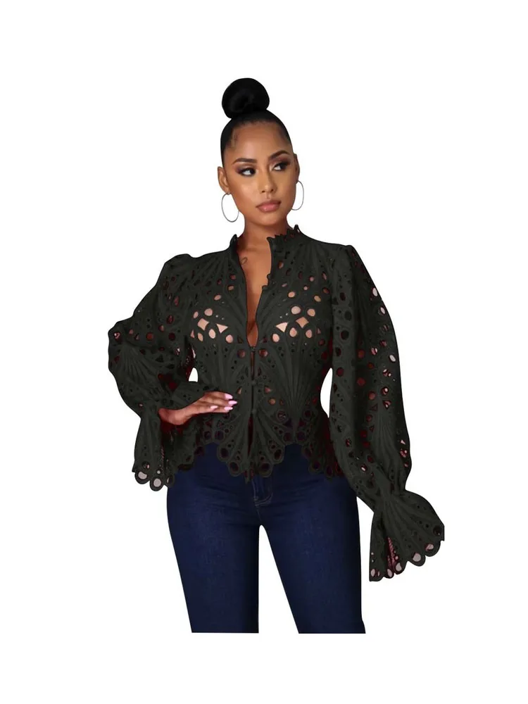 Женская кружевная блузка с длинными рукавами-фонариками и воротником-стойкой |