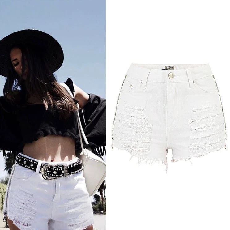 Women's Y2k Streetwear Zipper Ripped Denim Shorts Star Embroidery Women White Distressed Jeans Shorts Hip Hop Sexy Short Pants