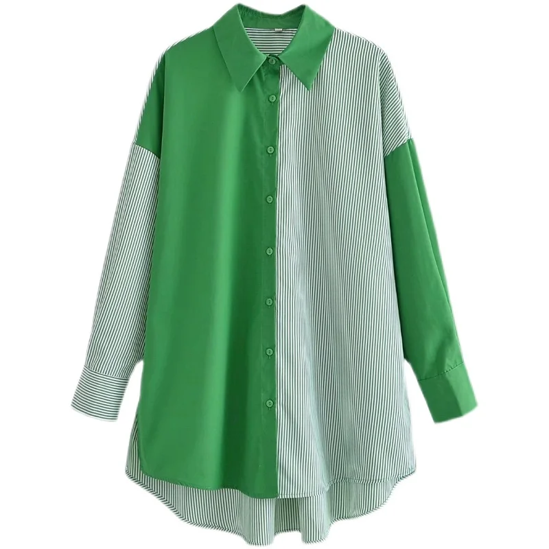 

SuperAen Europe and America Fashion Women's New 2022 Loose Green Stripe Splicing Lapel Long Sleeve Shirt Tops Women