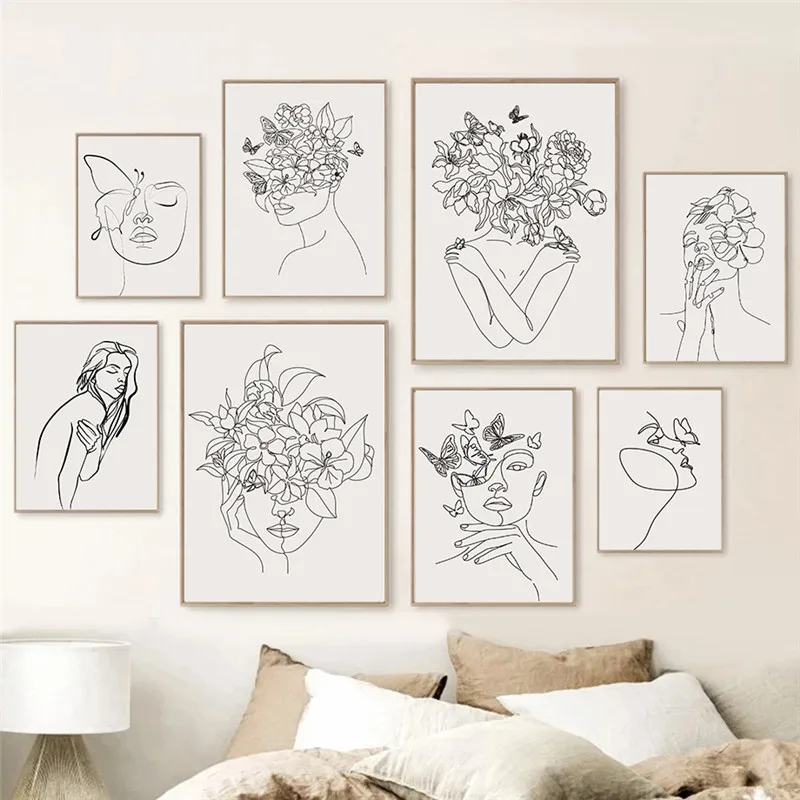 Abstract Woman Body Face Line Canvas Painting Butterfly and Flower Lines Poster Wall Art for Living Room Decoration Home Decor