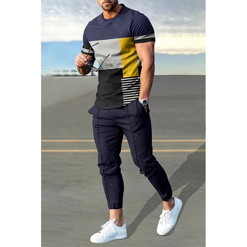 Summer Men's T-shirt Long Pants Tracksuit Geometry 3D Print T Shirts Trousers Set 2 Pieces Streetwear Oversized Suits Sportswear