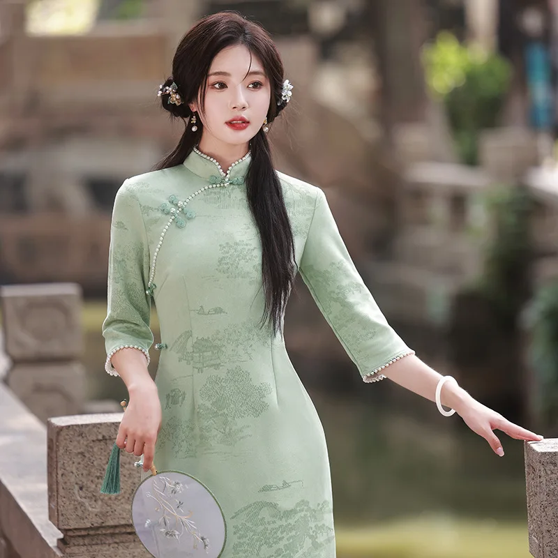 

Женское длинное Замшевое платье Yourqipao, элегантное вечернее платье в традиционном китайском стиле Ципао с вырезами в стиле ретро, осень