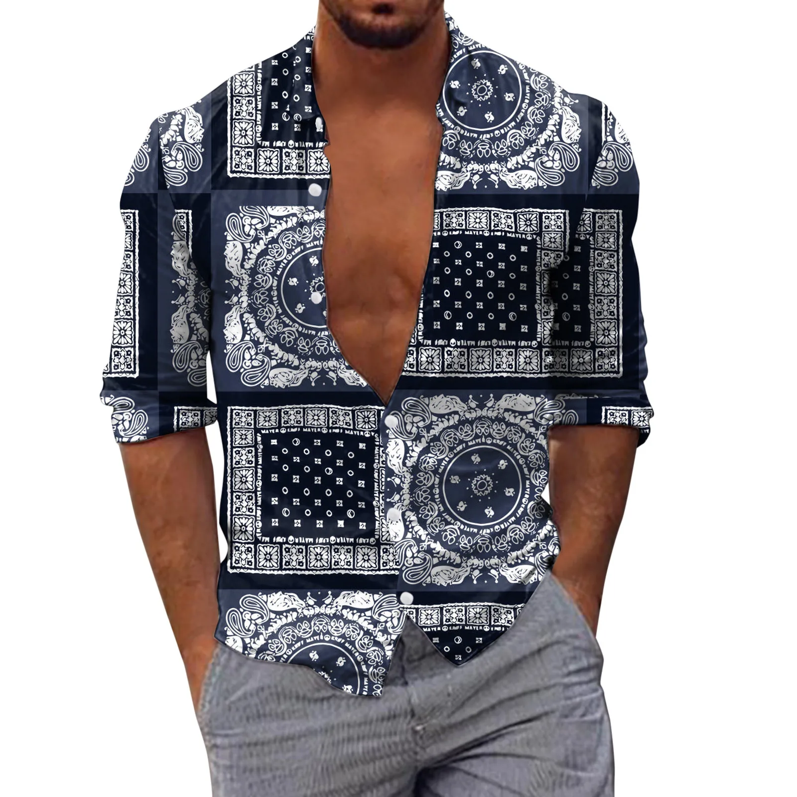 

Men Printed Blouse Long Sleeve Autumn Winter Casual Shirts Fashion Top