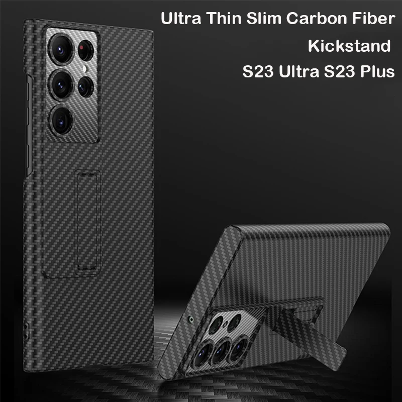 

YurKem Carbon Fiber Stand Case For Samsung Galaxy S23 Ultra Plus Thin Slim Hard PC Aramid Fiber Kickstand Phone Cover