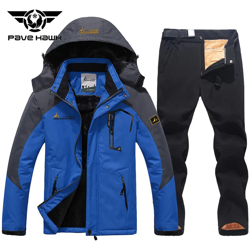 Winter Ski Suit Men Thickening Warm Waterproof Windproof Hooded Ski Jacket Pants Fleece Outdoor Mountain Snowboard Skiwear Set