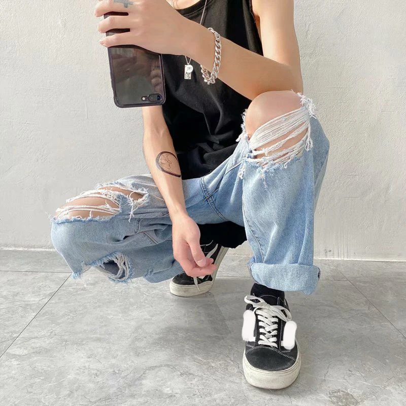 Men Jeans Wide leg Straight Oversize 3XL Y2K Man Hole Ripped Jeans Streetwear Denim Trousers Mens Loose Casual Harajuku Pants