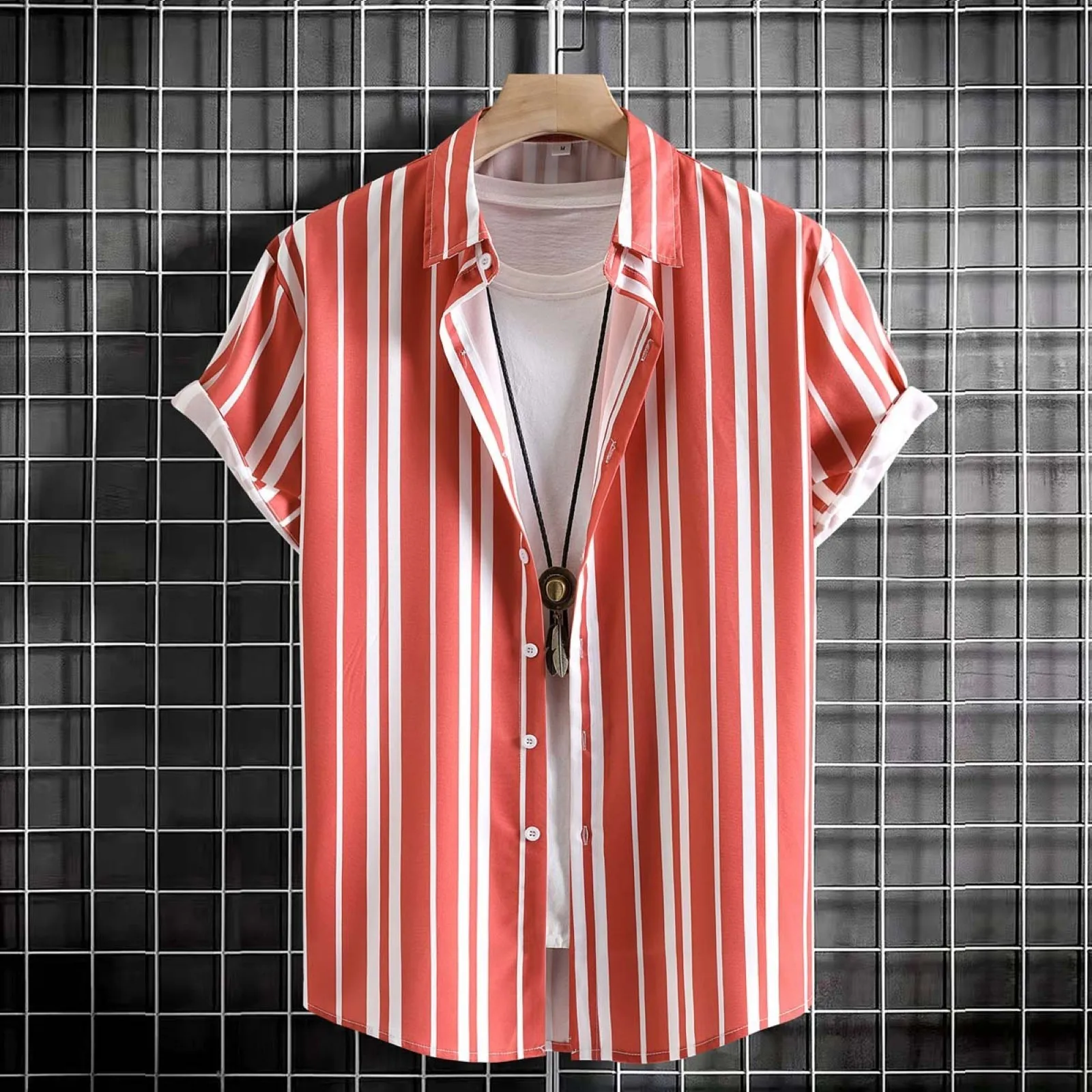 

Men Spring And Summer Casual Lapel Single Breasted Striped Print Vacation Short Sleeve Outdoor Holiday All- Breathable