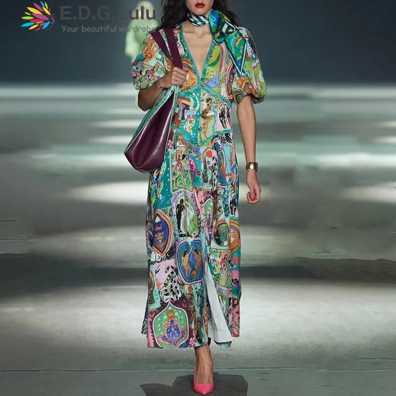 

EDGLuLu Beach Vacation Floral Print Summer Dress For Women Fashion 2023 New French Style Loose Party Long Dresses 0708