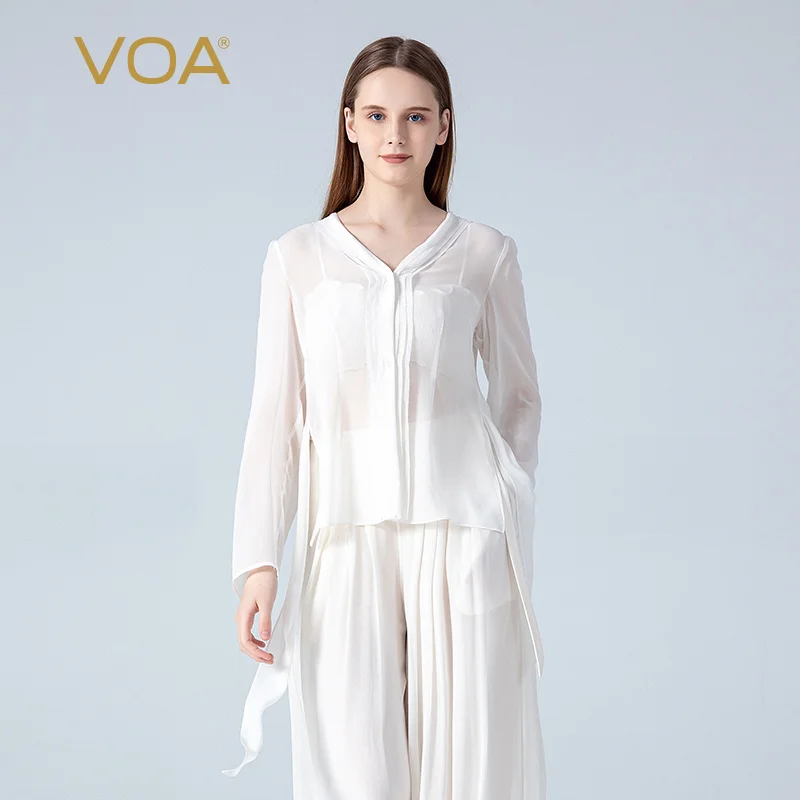 

VOA Silk White V-neck Single Breasted Silk Process Front Long Back Short Ribbon Design Envelope Pleated Short Jacket WE281