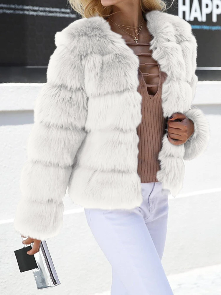 Fashion White Luxury Faux Fur Coats Women Winter 2022 Casual O-neck Long Sleeve Gray Thick Warm Jackets Outerwear Streetwear