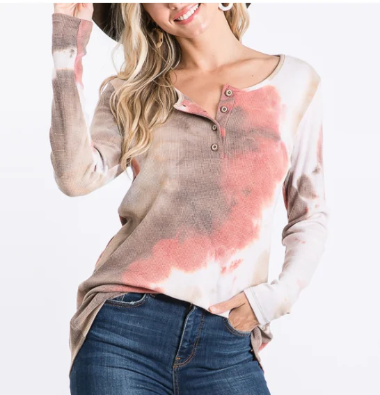 

2XL New Round Neck Button Tie-Dye Top T-Shirt Women's Casual Fashion Loose European Style 2020 Spring and Autumn Women's T-Shirt