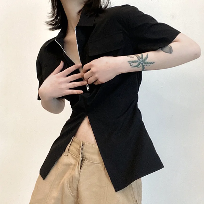 

Y2k Top Sexy Zipper Deep V Lapel Short Sleeve Shirt with High Split Waist and Navel Exposed Top Goth Shirt Harajuku Shirt