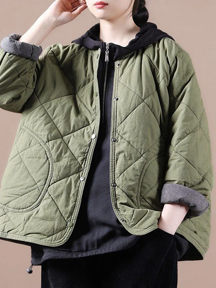 

Women's Autumn And Winter 2022 New Korean Loose Literary Rhombus Covered Button Quilted Solid Color Long Sleeves Cotton Coat