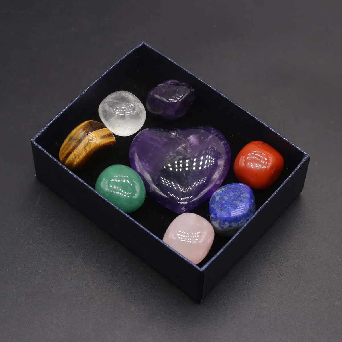 

Комплект из 8 натуральных tumbled камней: розовый кварц, аметист, тигровый глаз