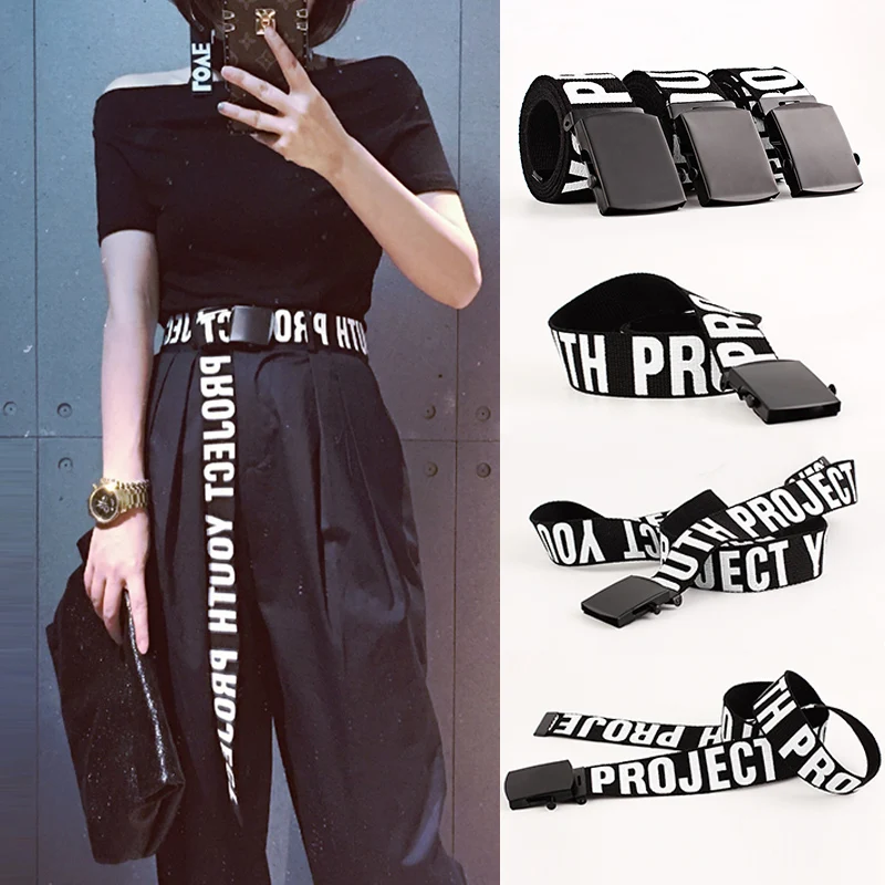 Длинный женский ремень в стиле панк, брезентовый уличный пояс с принтом ввиде надписи, украшение с металлической пряжкой, для джинсов, хип-хоп