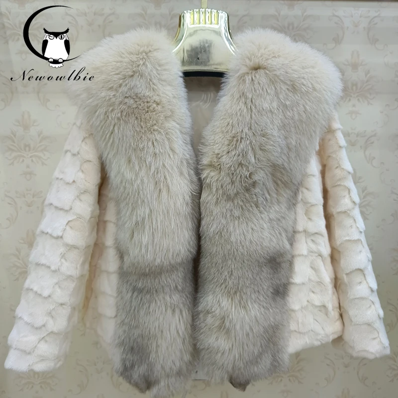 Winter women's short 100% real mink coat fox fur collar natural fur fashion short fur fur coat Mink fur material splicing enlarge