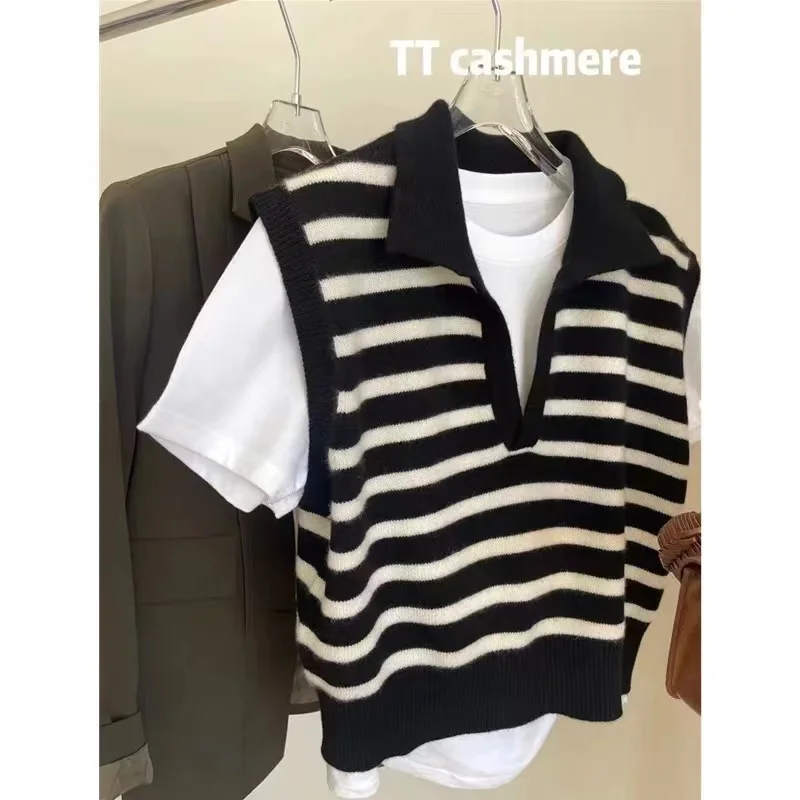 Ретро полосатый отворот поло шерстяной жилет для женщин осень и зима ленивый
