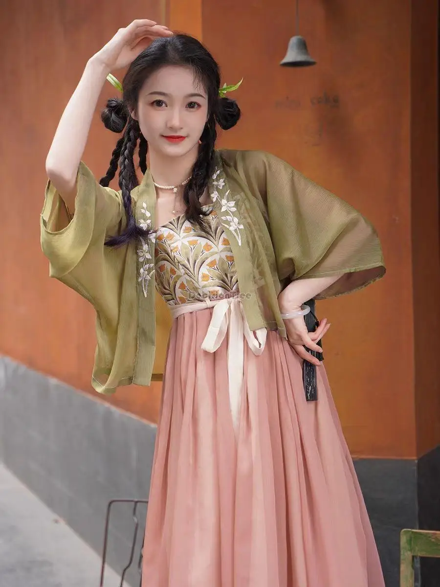 

2023 chinese improved embroidery hanfu national style tang dynasty skirt new chinese style dress elegant two pieces hanfu set
