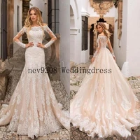 mermaid bridal gowns wedding dresses off shoulder button back lace appliques sheer long sleeves tulle wedding dress
