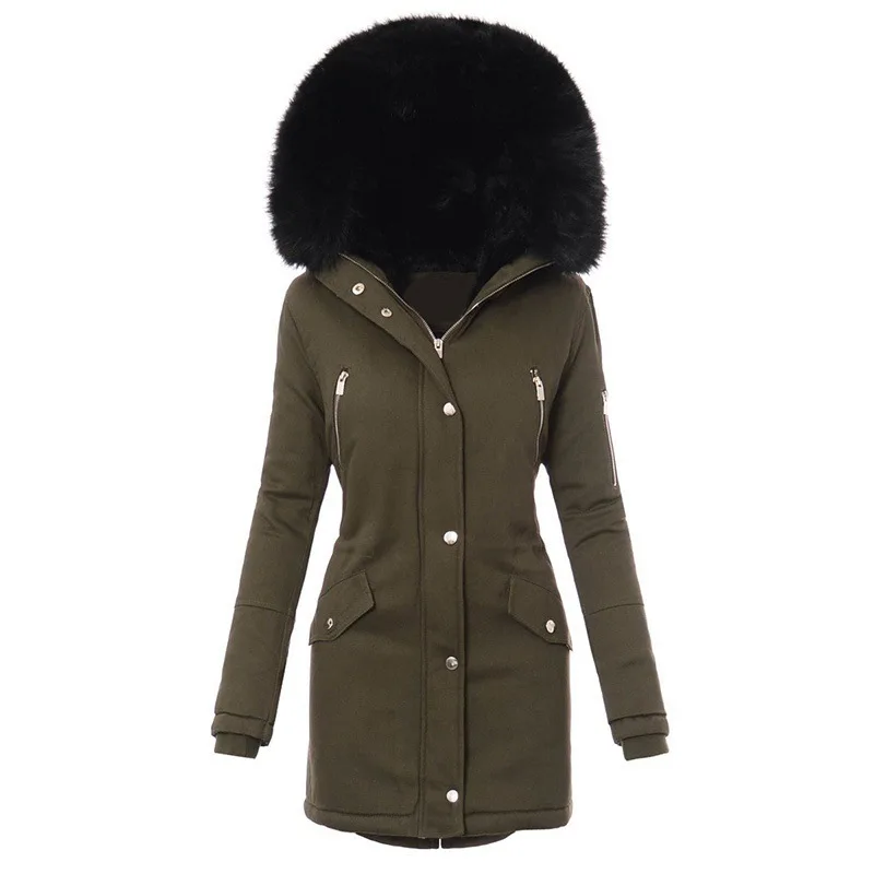 New Winter Hooded Women's Cotton Clothes Thickened and Warm Cotton Clothes Medium length Wool Collar Casual Coat for Women