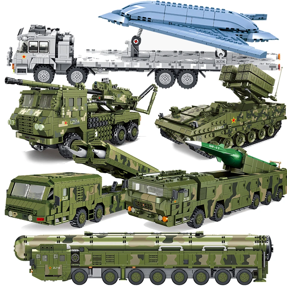 

China Modern Army Military Vehicle Trucks SCUD Launcher Sets Building Blocks Bricks Toys Tanks Antitank Missile Car DF-17 DF-41