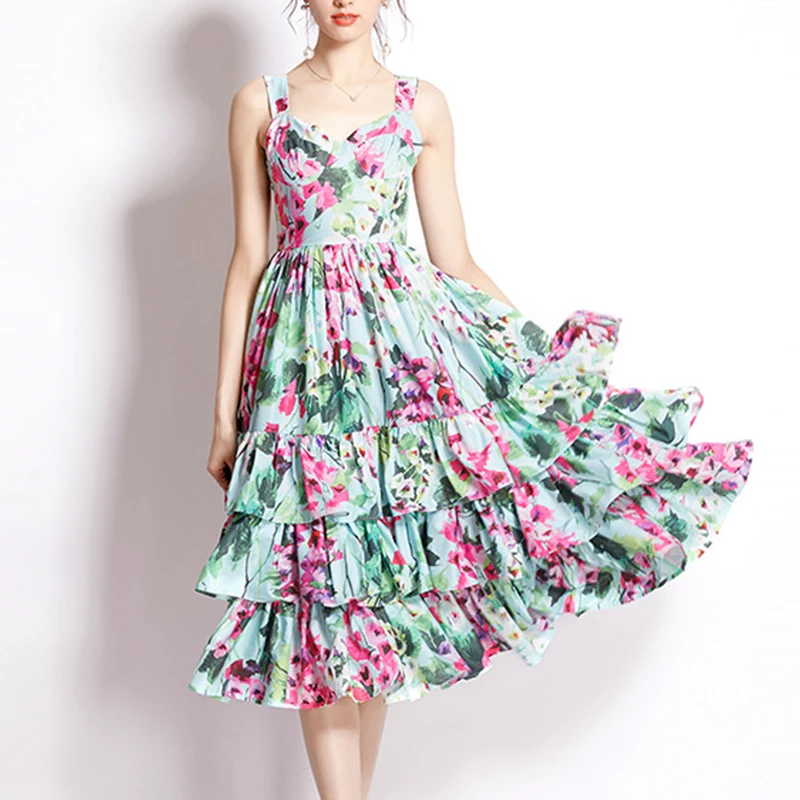 

Runway Designers Elegant Ruffles Pleated Midi Dresses for Women 2022 Summer Vintage Floral Printed Dress Chiffon Vestidos