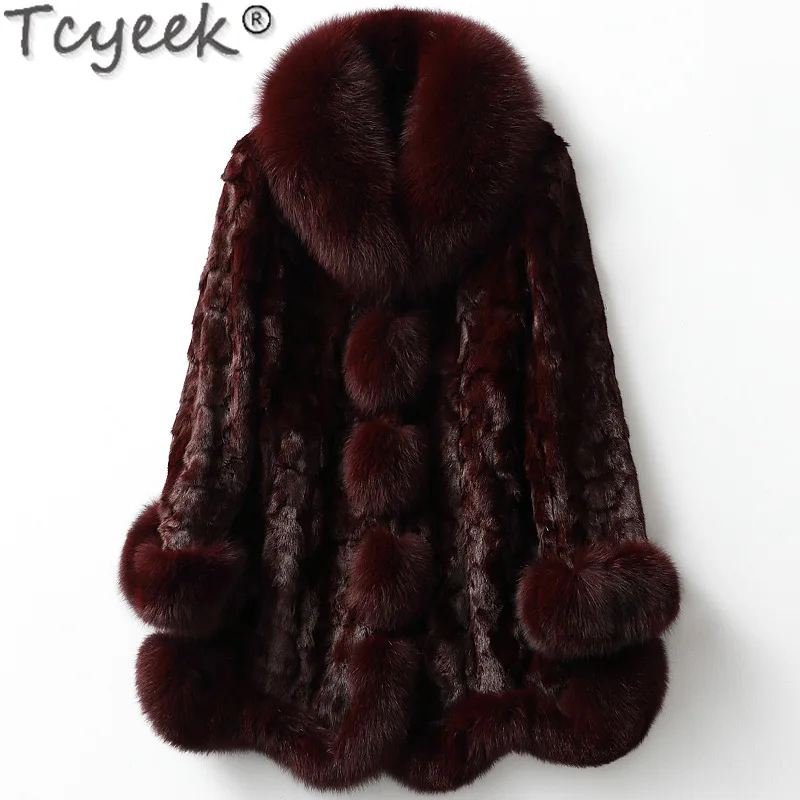 

Tcyeek High-end Real Fur Coat Ladies Winter Mink Fur Coat Women Elegant Fox Fur Collar Lady Outwear Warm Coat Casaco Feminino