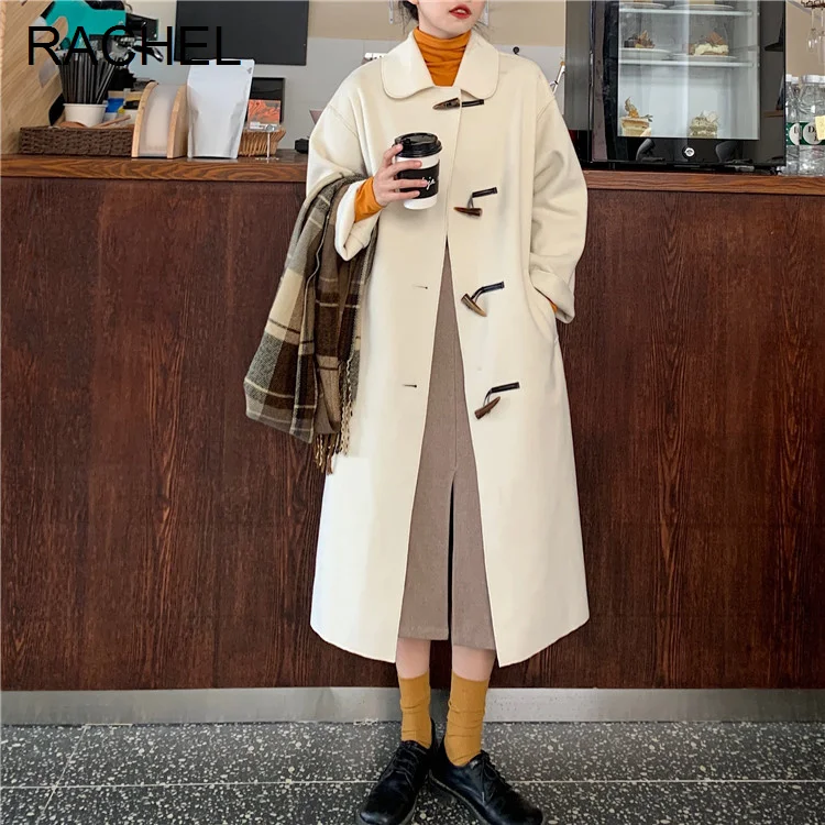 

Женское шерстяное пальто, корейское свободное универсальное тонкое теплое пальто средней длины на пуговицах, Осень-зима 2021