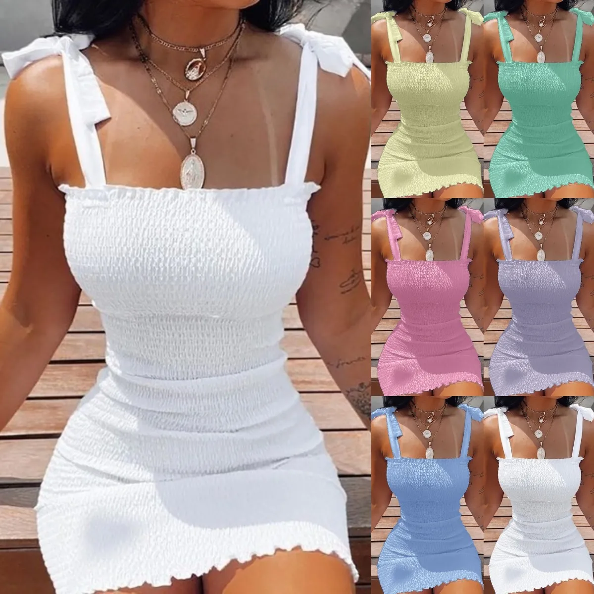 

Dress Women's Fashion Oiff Shoulder Sleeveless Smocked Bodycon Dress Women Strapless Mini Dresses Ladies Short Party Club