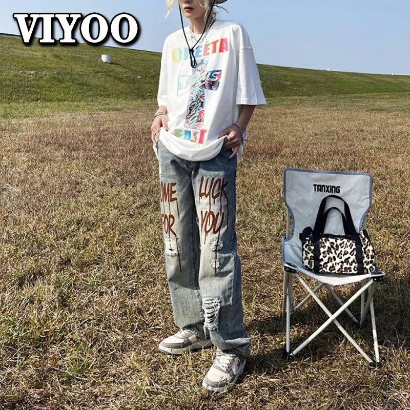 Men's Wide Leg Graffiti Baggy Y2K Ripped New Printed Long Jeans Male Straight Trousers Cowboy Denim Man Pants For Men Pantalones