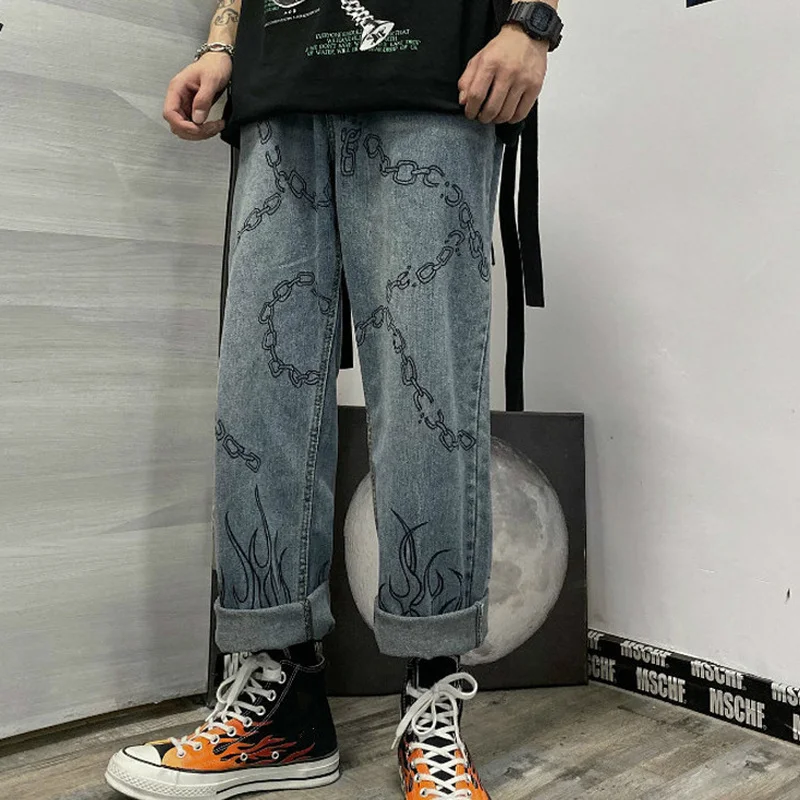 2021 Women Loose Casual Chain Pattern Long Trousers New Fall Fashion Jeans Cowboy Female  Streetwear Graffiti Flame Print Pants