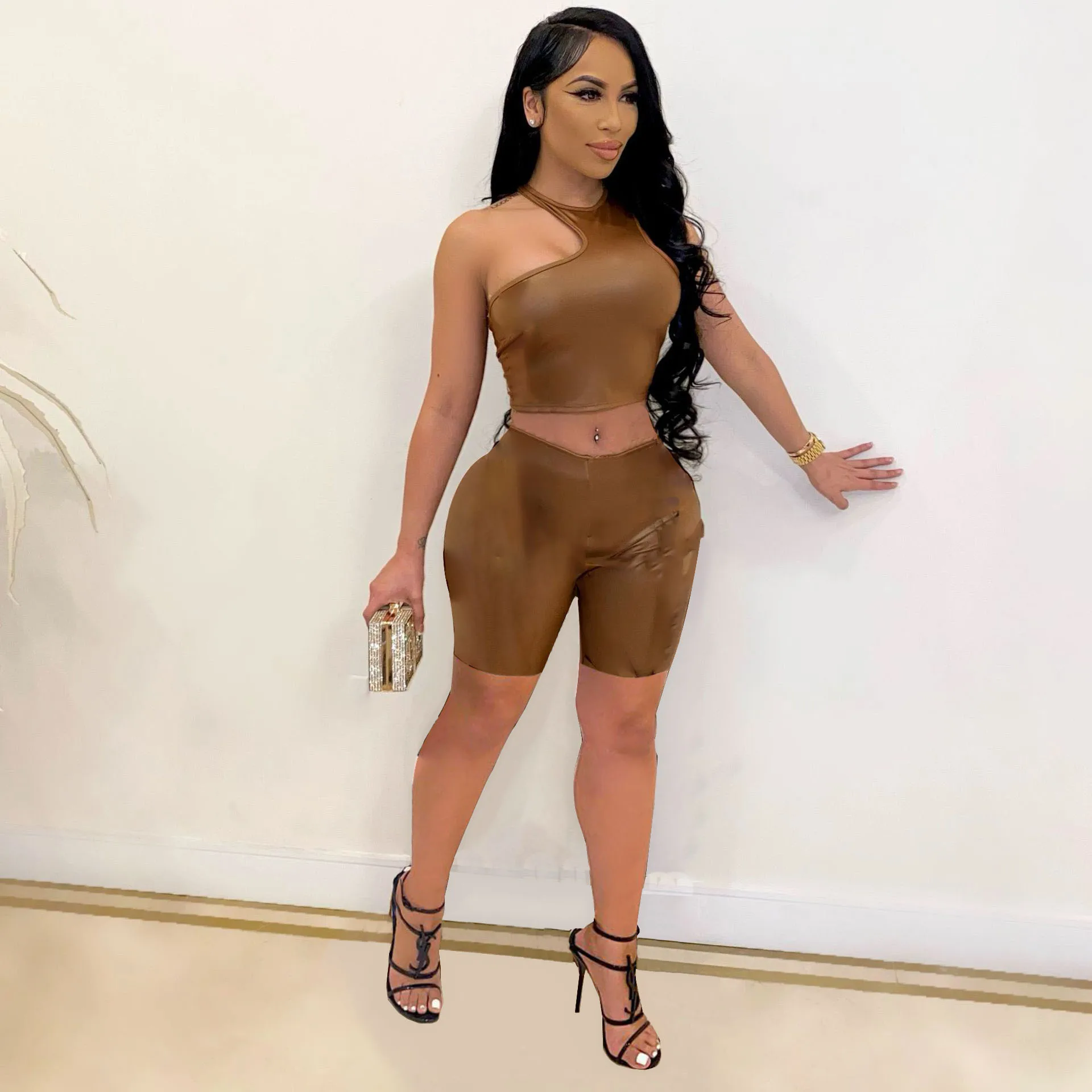 

Cool Girls Streetwear PU Leather One Shoulder Crop Tops Skinny Biker Shorts Suits Sexy Women Two Piece Sets Summer Outfits
