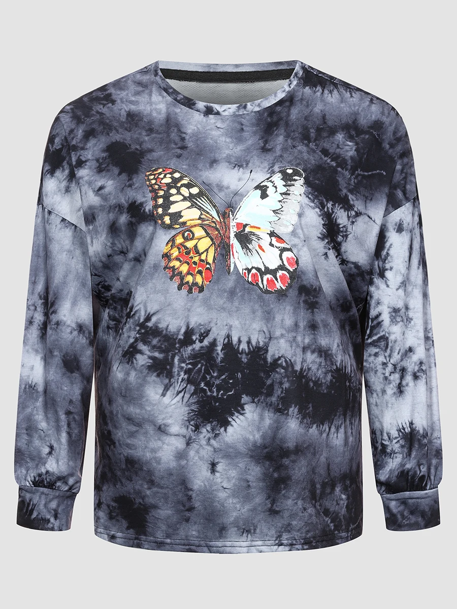 

Finjani Tie Dye Butterfly Print Drop shoulder Sweatshirt Long Pullovers Sleeves Round Neck Plus Size For Women’s Tops