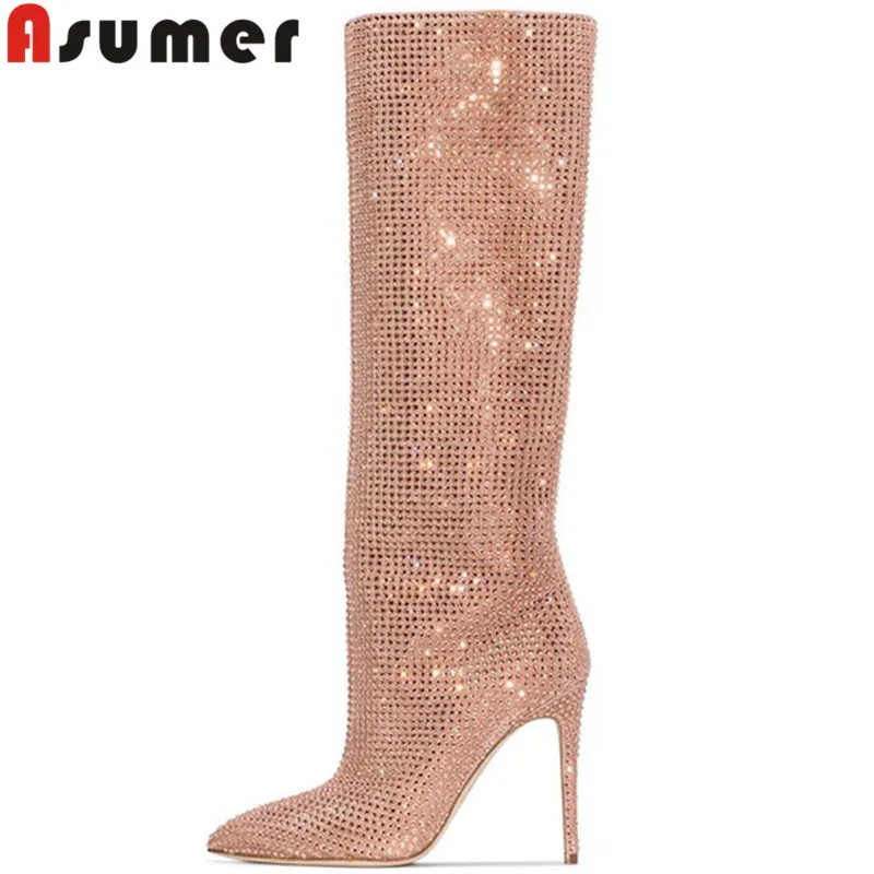 

ASUMER 2022 Size 34-43 New Sewin Flock Knee High Boots Rhinestone Thin High Heels Boots Woman Ladies Slip On Shoes