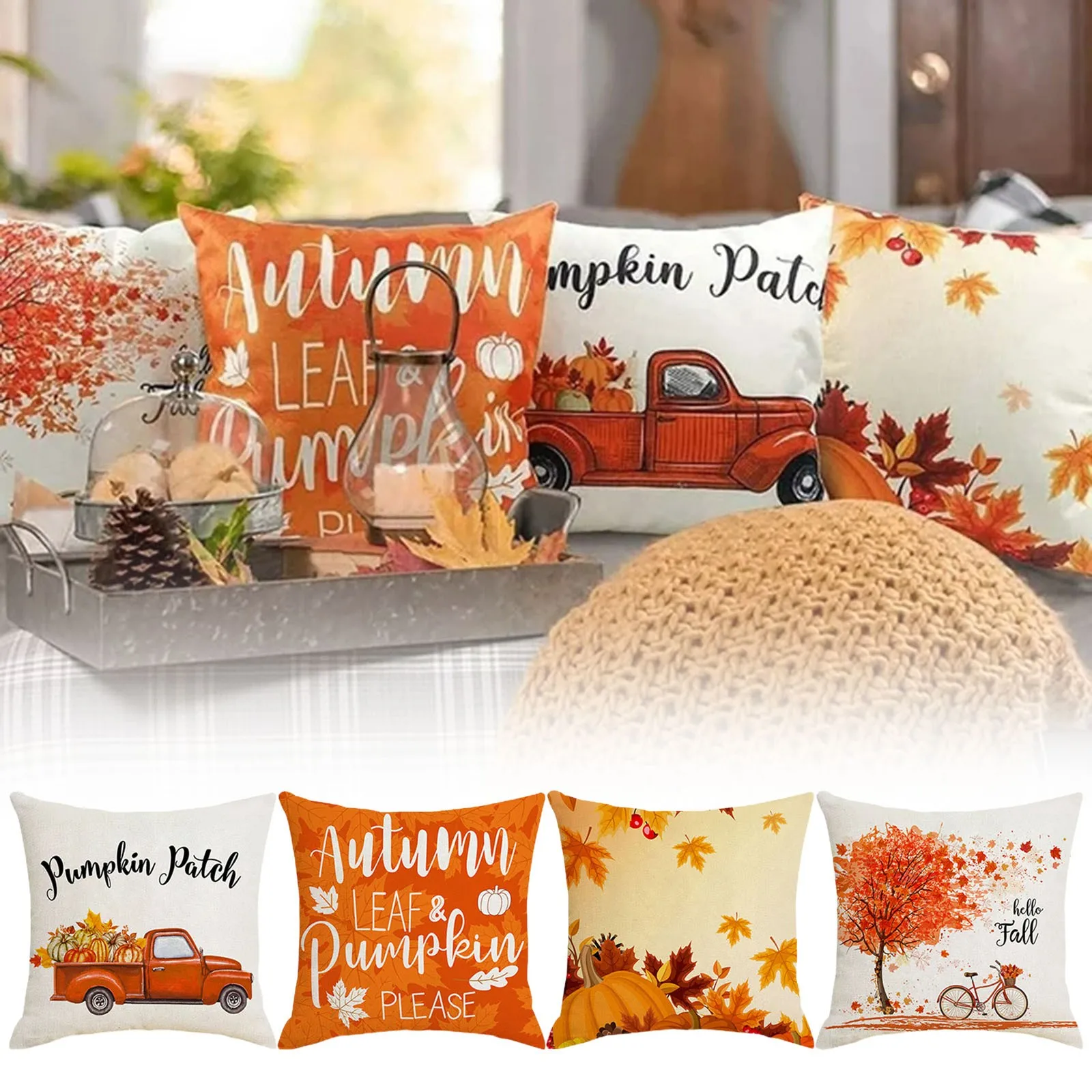

Fall Pillow Covers Set Of 4 18x18 Thanksgiving Farmhouse Decorations Throw Pillow Case For Sofa Couch Maple Pumpkin Truck Linen