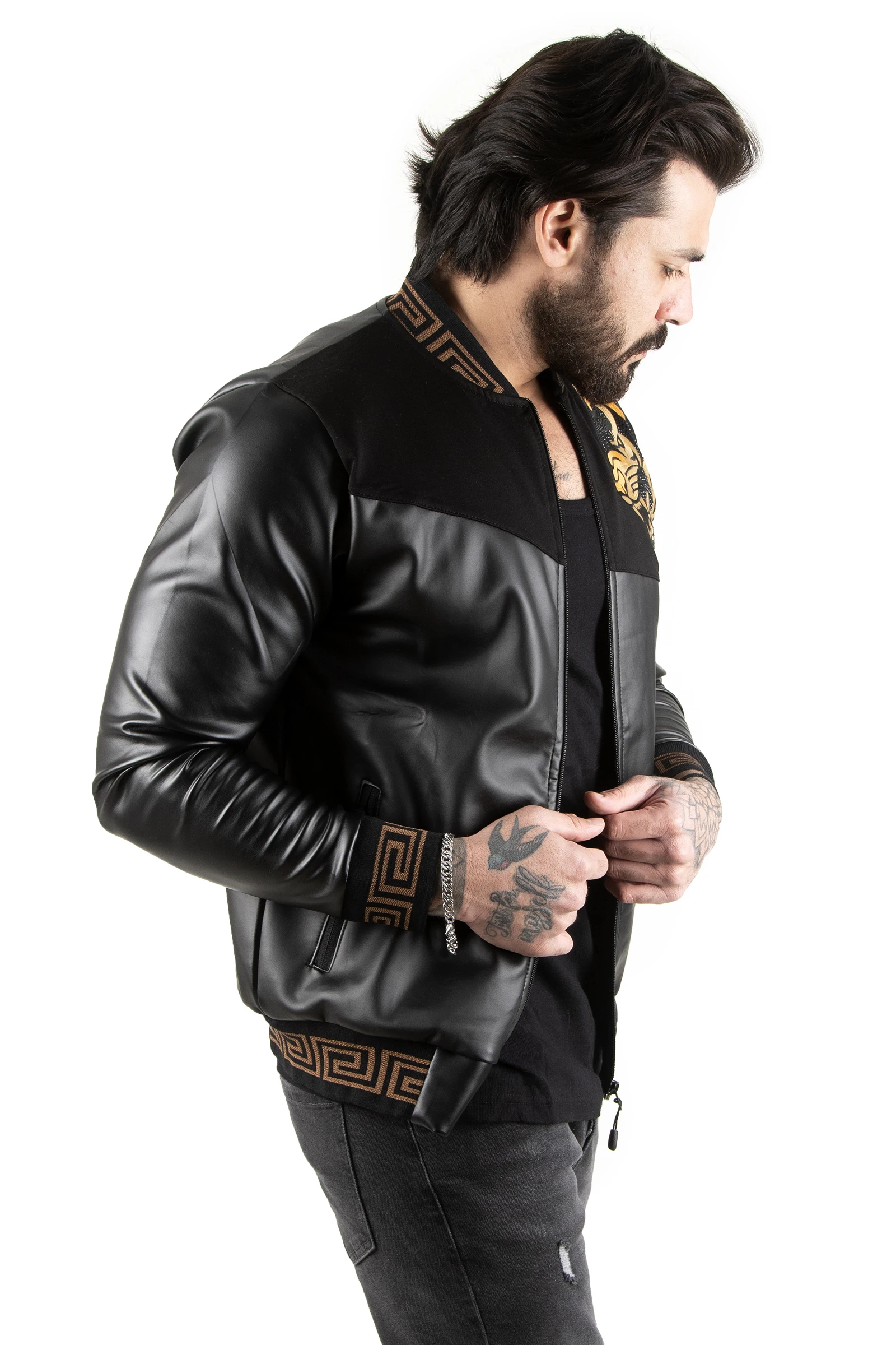 DeepSEA Geometric Pattern Cubic Zirconia Synthetic Leather Men 'S Coat 2200367