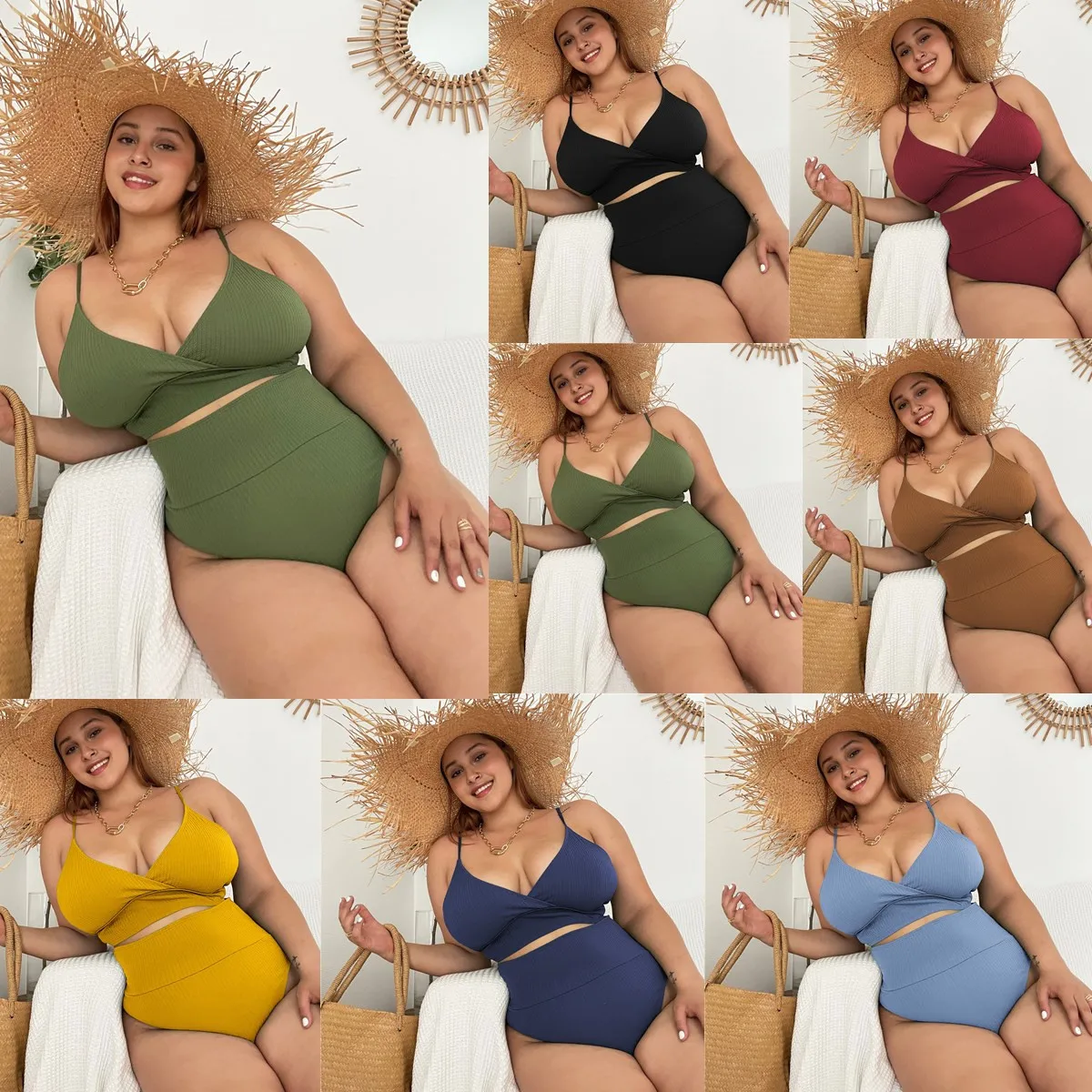 

Women Plus Size Bikini Solid Color Bikini Two Piece High Waist Bikini Swimsuit Swimwear Gather Bikini Swimming Beach