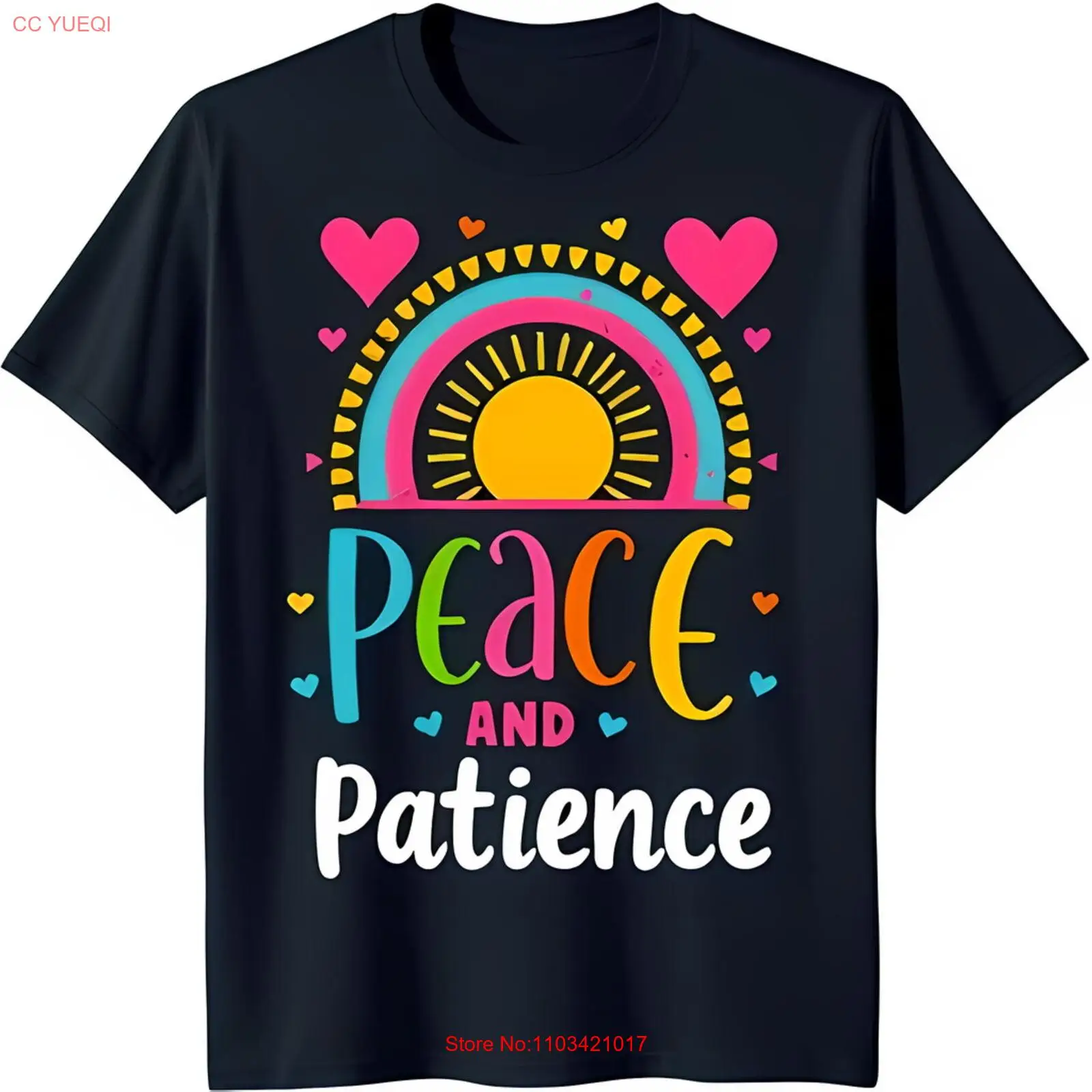 Черная футболка Colorful Rainbow &amp Hearts с дизайном Мир и терпение