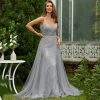sexy grey lace long evening dresses sequin v neck tulle mermaid side slit backless formal party prom gowns robes de soir%c3%a9e