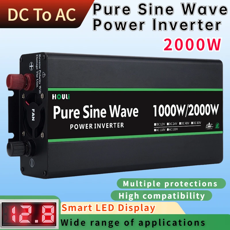 

Pure Sine Wave Inverter 12V 24V 48V To 220V LED Display 1000W 2000W Portable Power Supply Voltage Converter Car Solar Inversor