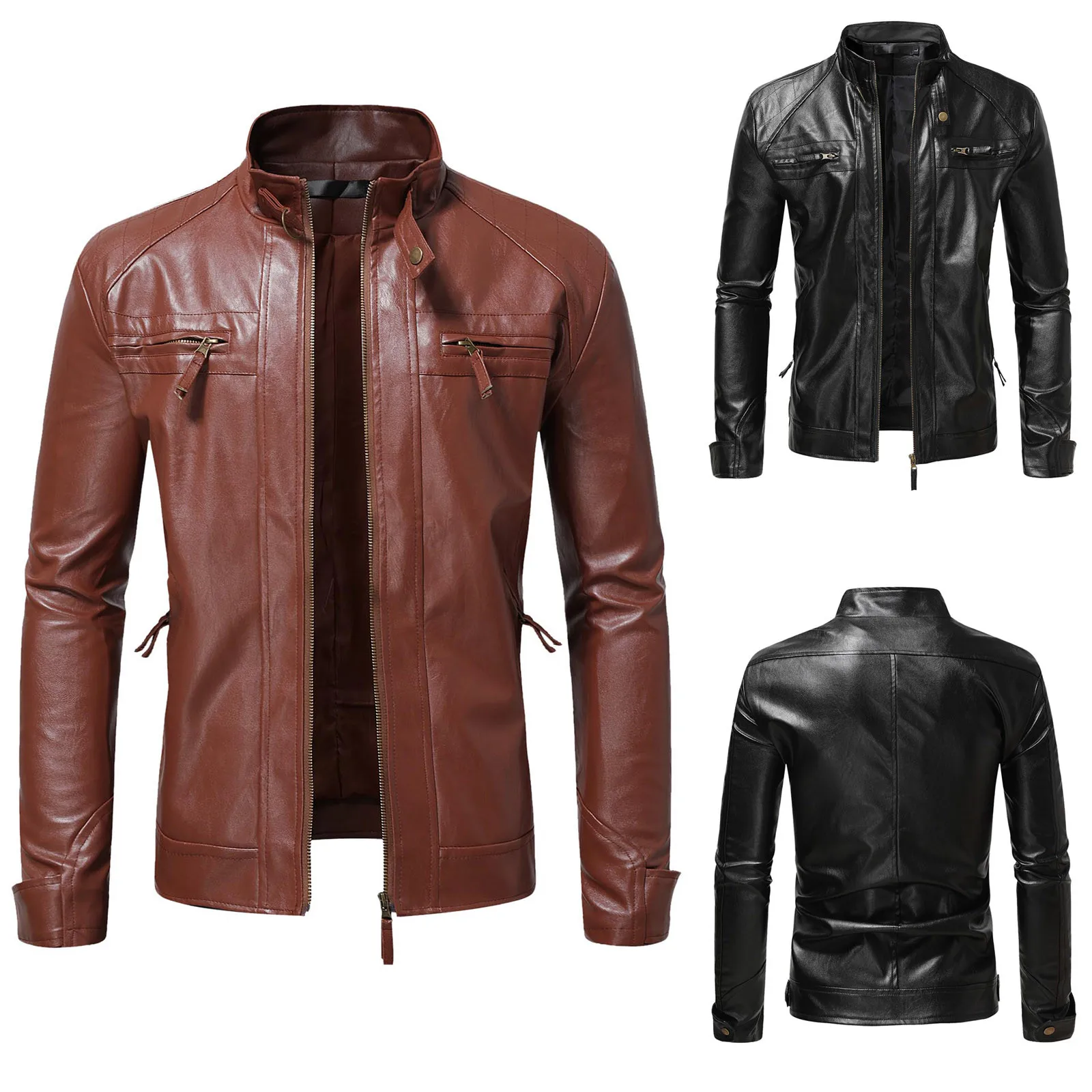 

Мужская кожаная куртка на молнии, с воротником-стойкой