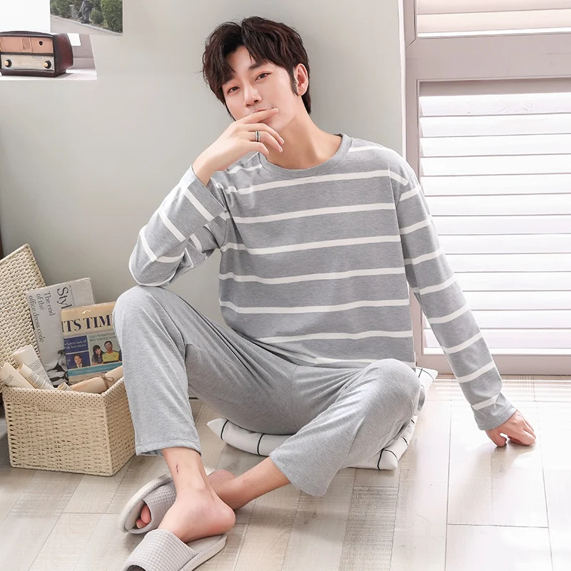 2022 New Autumn Plus Size Long Sleeve Casual Striped Cotton Pajama Sets for Men Sleepwear Suit Pyjama Male Homewear Home Clothes