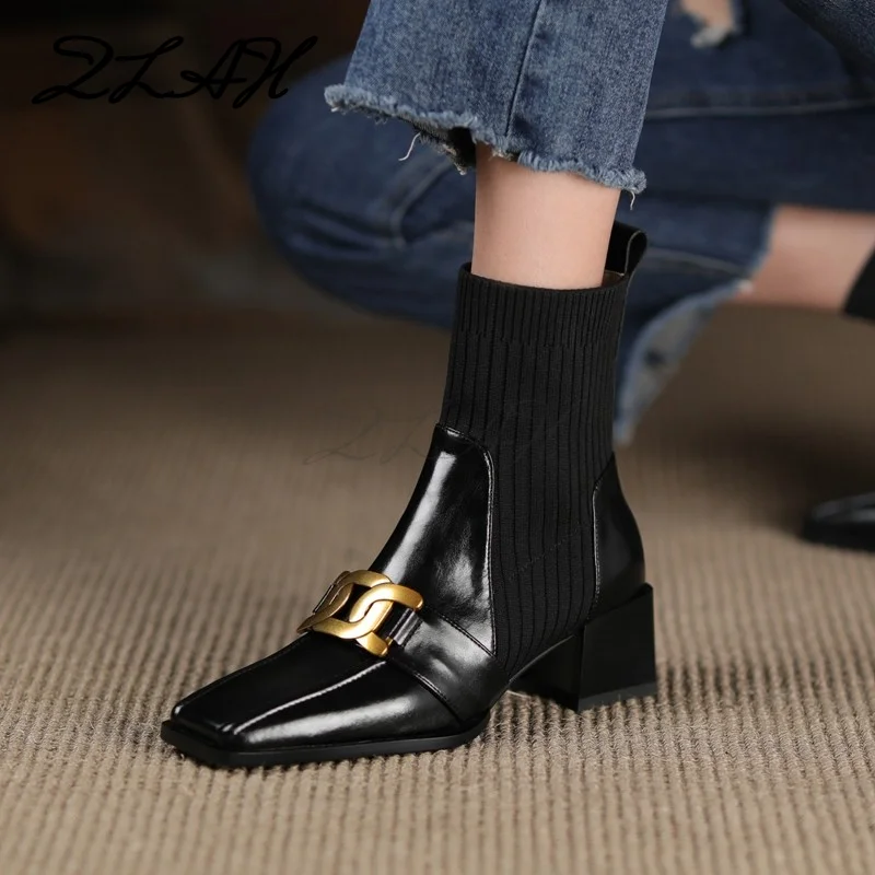 

New Women Sock Boots Stitching Square Toe Low Heel Ladies Ankle Boots Solid Color Sewing Office Lady Shoes Fashion Winter