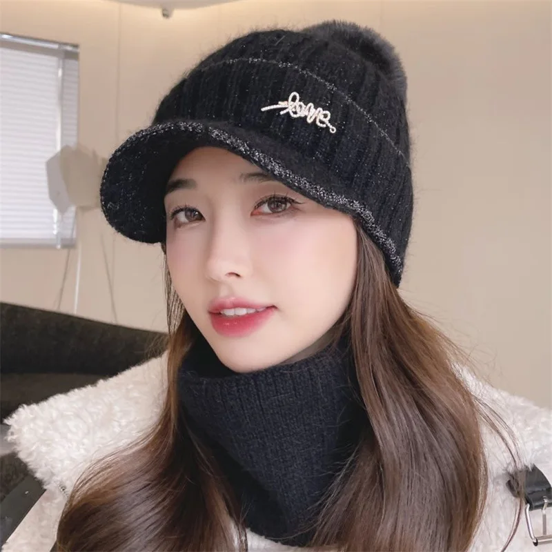

2PCS Woman Knitted Winter Beanie Scarf Set Solid Color Letters Warm Baseball Cap Pompoms Keep Warm Causal Hat Cycling Hunting