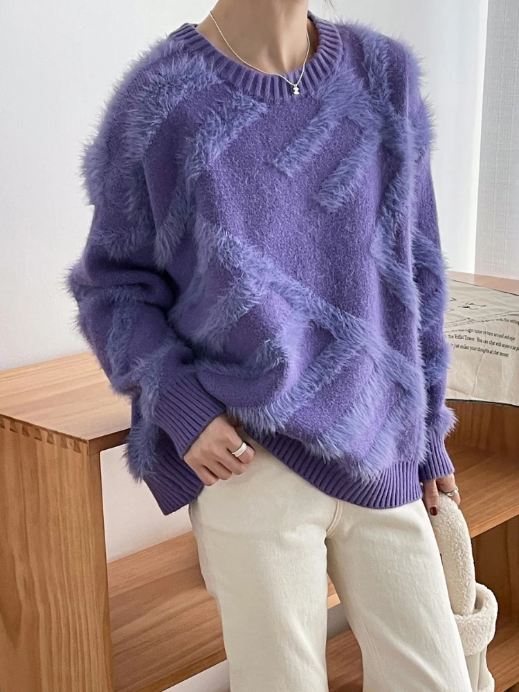 

Mozuleva Women O-neck Sweater Autumn Winter Thick Warm Pullover Top Velvet Patchwork Casual Loose Knitted Top