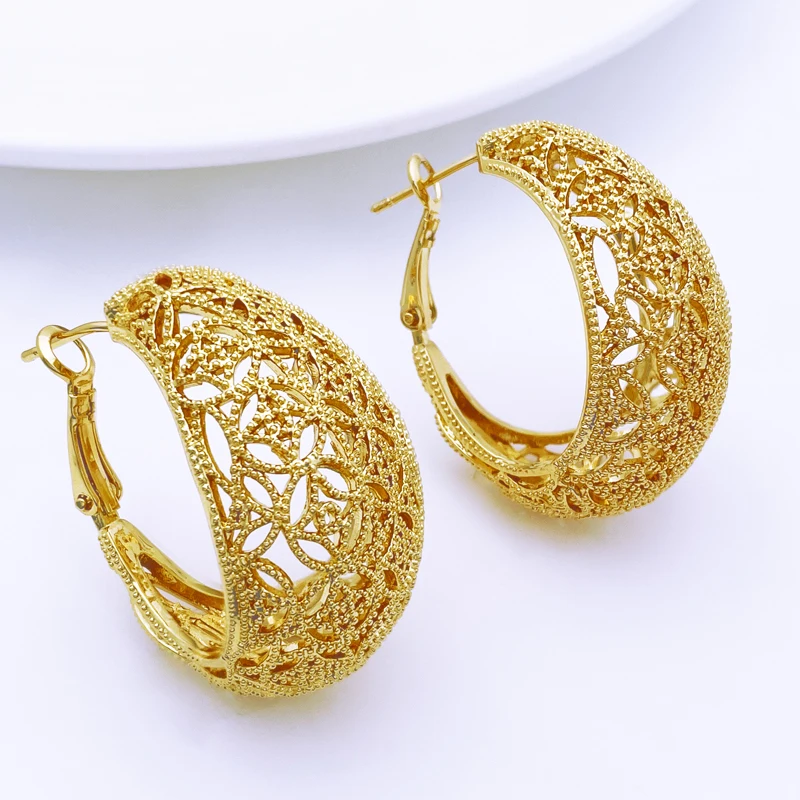 

Gold Plated Round Earrings For Women Girls African Fashion Jewelry Cutout Copper Earrings Wedding Party Gifts