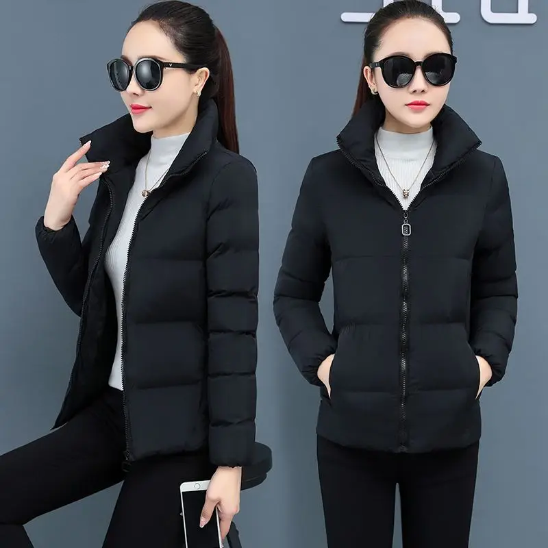 Autumn Winter 2023 Korean Women Short Jacket Stand Collar Casual Lightweight Parka Korean Style Solid Zippers Fashion Coat C20
