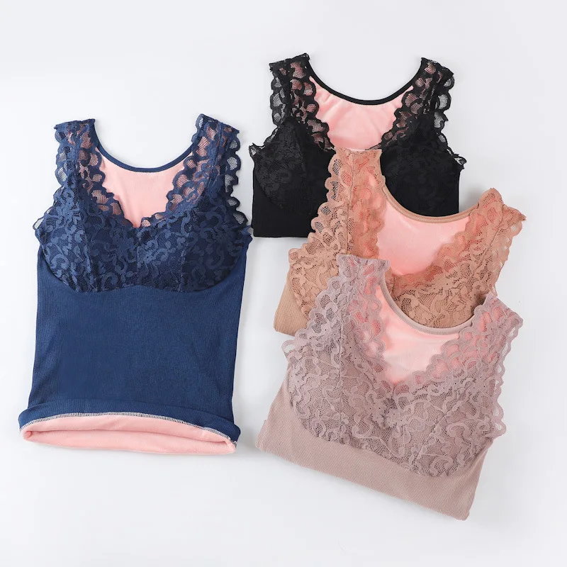 Women Thermal Underwear Seamless Top With Bra Fleece Camisole Plus Velvet Winter Sexy Lace V-neck Warm Lingerie Fleece Camisole