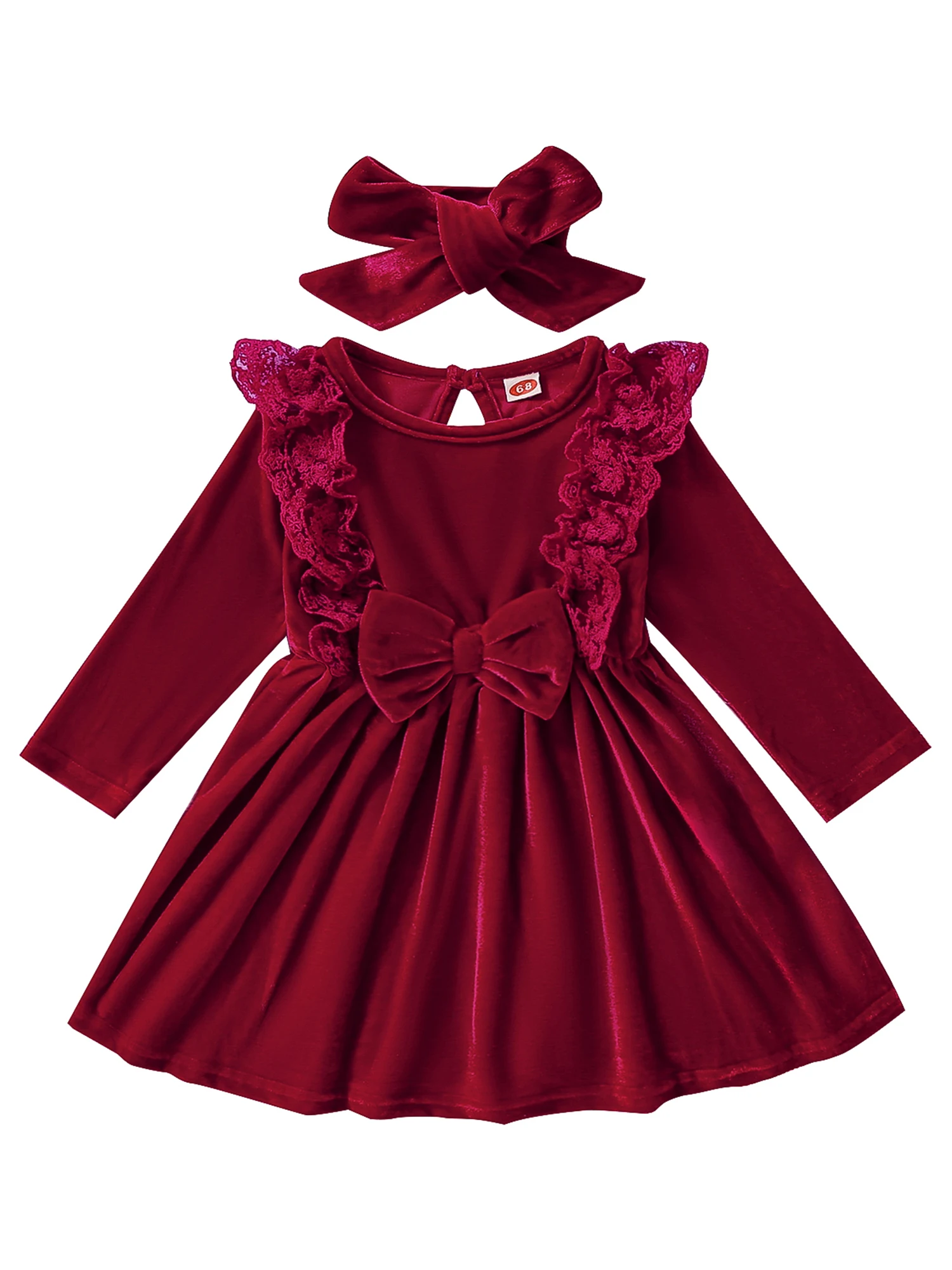 

Infant Baby Girls Velvet Dress Solid Color Long Sleeve Ruffle A-line Dress with Bow Fall Winter Princess Dress Headband Set